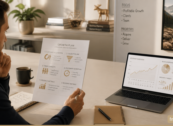 What Should a Growth Strategy Include for a Service Business? Business leader reviewing a service business growth strategy with demand, capacity, and retention metrics.