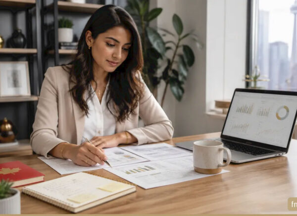 Canadian small business owner reviewing a growth plan, cash flow worksheet, and customer data at a desk. Canadian small business owner reviewing a growth plan, cash flow worksheet, and customer data at a desk.