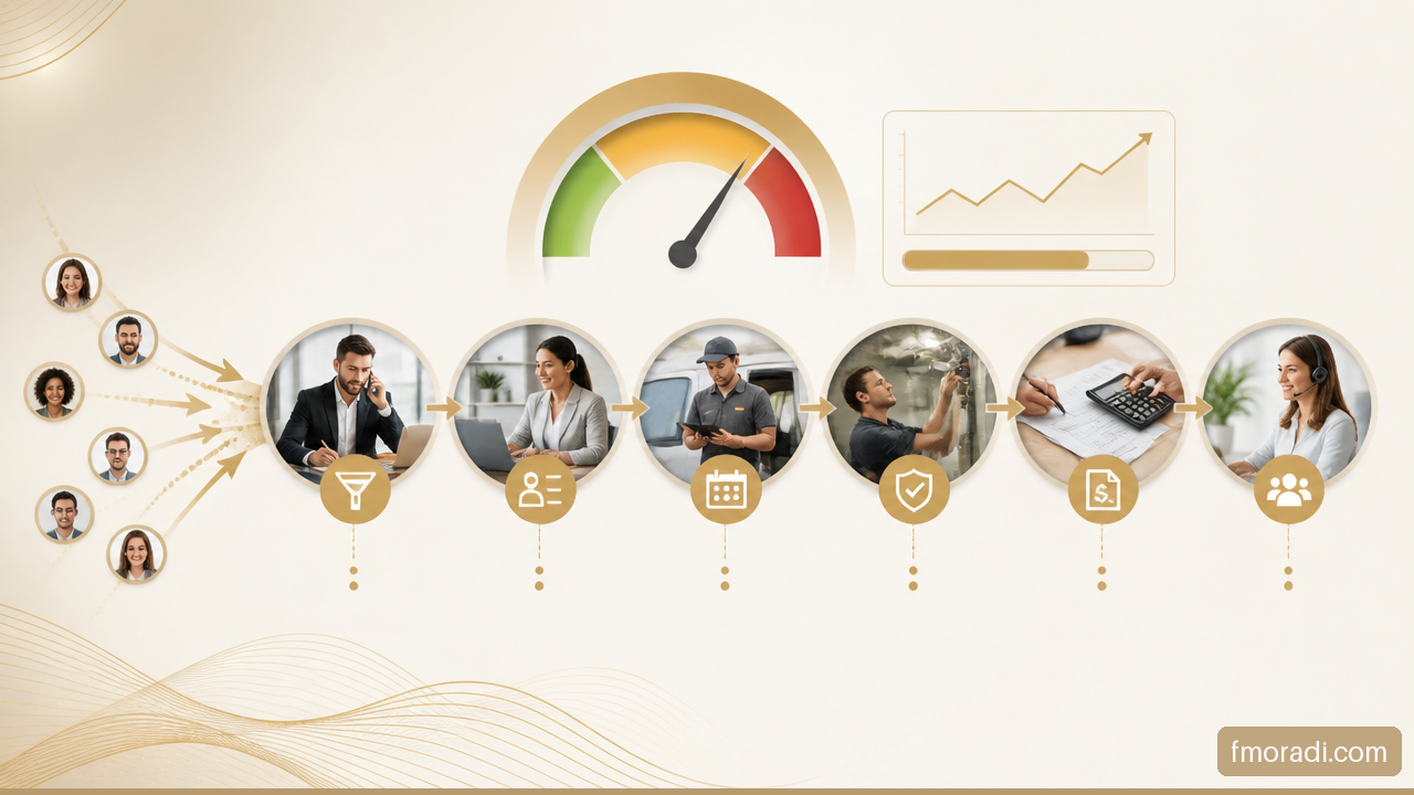 Illustration of service business demand flowing through sales, delivery capacity, quality control, invoicing, and retention.