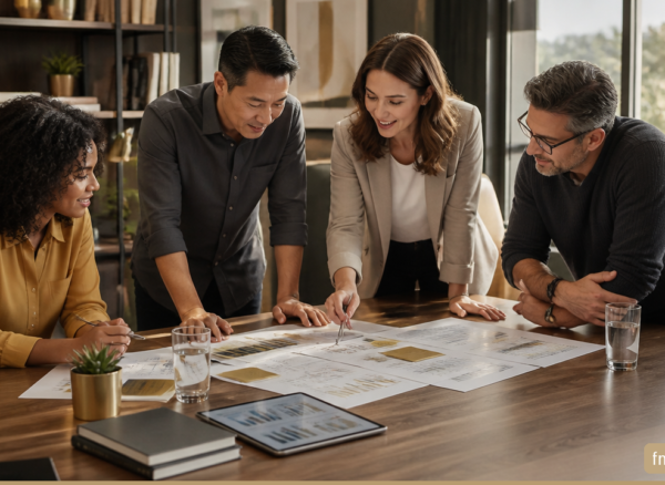 What Are the Stages of an Effective Small Business Strategic Planning Process? Small business leaders reviewing strategic priorities, financial data, and customer insights during a planning session