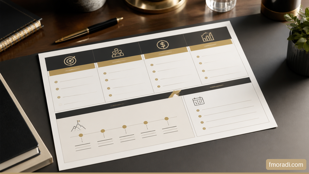 Visual representation of a small business strategy scorecard with objectives, measures, budget, milestones, and review dates